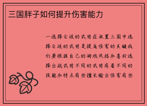 三国胖子如何提升伤害能力